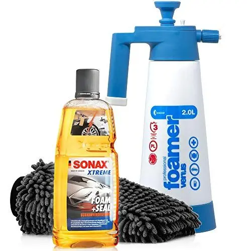 Produktbild: Detailmate Auto Schaum Wasch Versiegelung Set: SONAX XTREME FOAM & SEAL - Schaumversiegelung 1 Liter + Kwazar Venus Super Foamer Cleaning Pro+ 2L Hand Schaumsprüher + Mikrofaser Waschhandschuh
