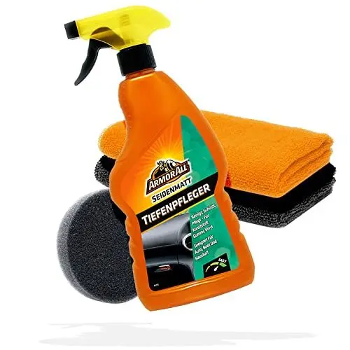 Produktbild: detailmate Auto Cockpitpflege Bundle: Armor All Kunststoff Tiefenpfleger seidenmatt 500ml + 2X Microfasertuch Premium Applikatorpad Ø90mm | Kunststoffpflege Auto Innenraum
