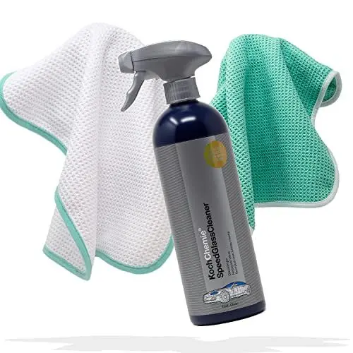 Produktbild: detailmate Auto Glasreinigungs Set - Koch Chemie Speed Glass Cleaner 750ml mit Zwei Mikrofaser Waffeltüchern 450GSM 35x35cm - Scheiben Reinigungsset mit Mikrofasertüchern