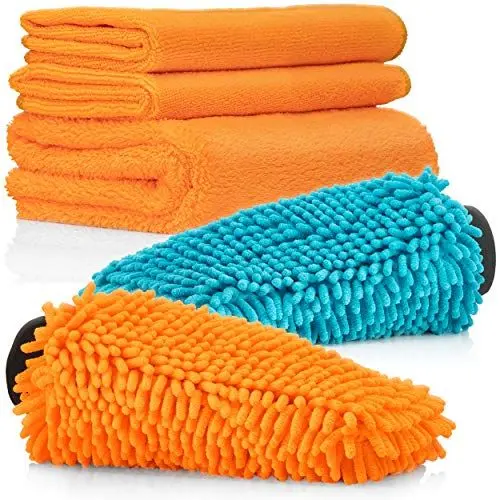 Produktbild: detailmate Auto Mikrofaser Set für die Fahrzeugpflege: 2X Chenille Waschhandschuh für die Autoreinigung, 1 hochflorigers Poliertuch 550 GSM, 2X Allround Auto Mikrofaser Mehrzweck Tuch 320 GSM