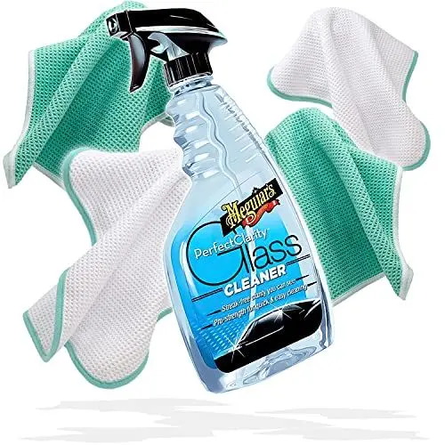 Produktbild: detailmate Auto Pflegeset zur Glasreinigung mit Meguiars Pure Clarity Glass Cleaner 473ml Glasreiniger + Nuke Guys See Through Mikrofaser Waffeltuch - 450GSM, 40x40cm - mint/weiß gemischt - 4er Pack