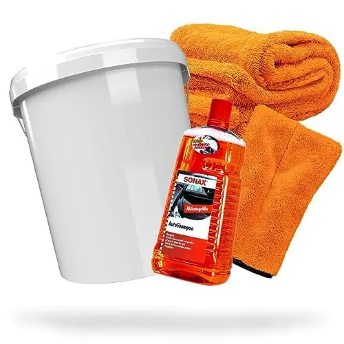Produktbild: detailmate Auto Wasch Set: SONAX Autoshampoo 2L + Waschhandschuh + Nuke Guys Gamma Dryer XXL Trockentuch + Wascheimer 15,9 Liter mit Deckel Weiß für die optimale Handwäsche & Trocknung