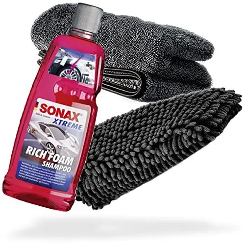 Produktbild: detailmate Auto Wasch- und Trockenset: SONAX Xtreme RichFoam Shampoo 1 L + Chenille Waschhandschuh + Trockentuch 1000 GSM - Für die ideale Autowäsche
