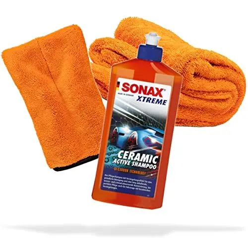 Produktbild: detailmate Auto Wasch- und Trockenset | SONAX Xtreme Ceramic Active Shampoo 500ml Autoshampoo + Mikrofaser Präzisionshandschuh + Nuke Guys Gamma Dryer XXL Trockentuch für die optimale Handwäsche