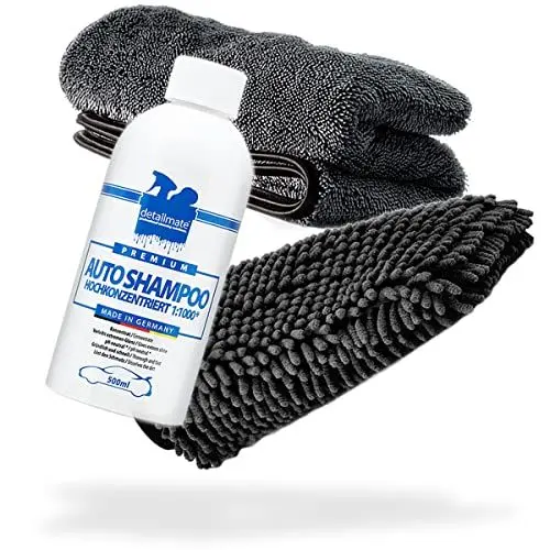 Produktbild: detailmate Auto Wasch- und Trockenset: detailmate Autoshampoo 500ml + Chenille Waschhandschuh + Trockentuch 1000 GSM - Für die ideale Autowäsche