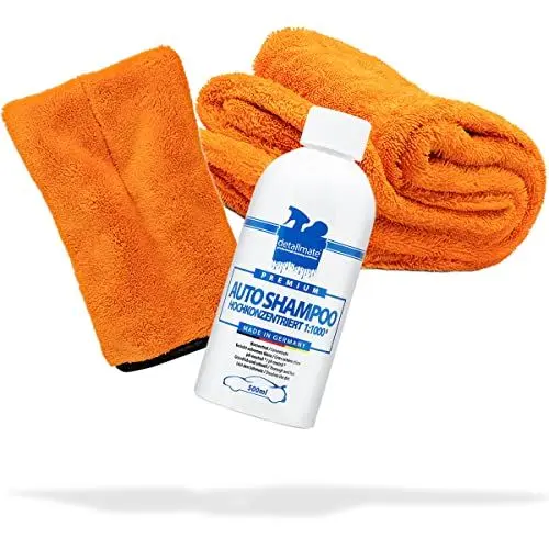 Produktbild: detailmate Auto Wasch- und Trockenset: detailmate Autoshampoo 500ml + Mikrofaser Präzisionshandschuh Orange + Gamma Dryer Trockentuch XXL für die optimale Handwäsche