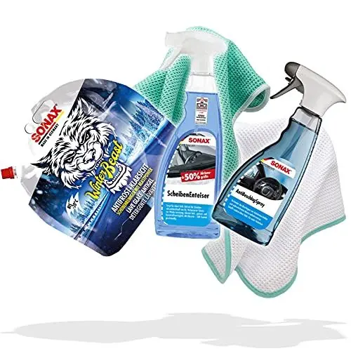 Produktbild: detailmate Auto Winter Set: Sonax WinterBeast AntiFrost + KlarSicht 3 L Scheibenreiniger gebrauchsfertig, ScheibenEnteiser Sprühflasche 750 ml, AntiBeschlag Spray 500ml, 2x Mikrofaser Waffeltuch