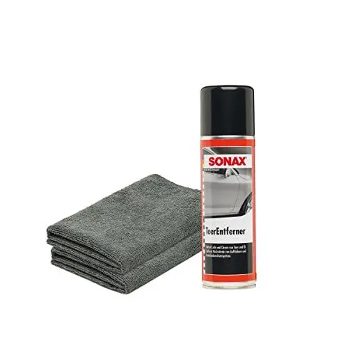 Produktbild: detailmate Bundle - SONAX Teerentferner 0,3L + 2x detailmate Mikrofasertuch 380GSM, 40x40cm - Löst schonend und gründlich Teer-, Ölflecken und andere Verschmutzungen von Lack und Chrom
