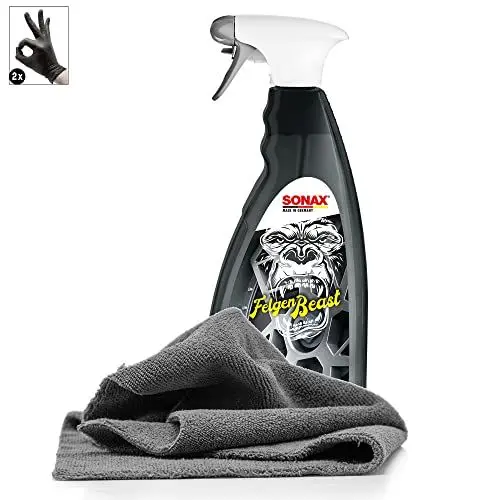 Produktbild: detailmate Felgen Reiniger Set - SONAX FelgenBeast Felgenreinger 1L + Allrounder Mikrofasertuch 40x40cm, 380 GSM + Schutzhandschuhe