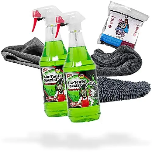 Produktbild: detailmate Felgen Reinigung Set: 2X Tuga Chemie Alu-Teufel 1L Felgenreiniger + Nuke Guys Shiny Wheels Set mit Tuch und Waschhandschuh + Edgeless Mikrofasertuch 380GSM