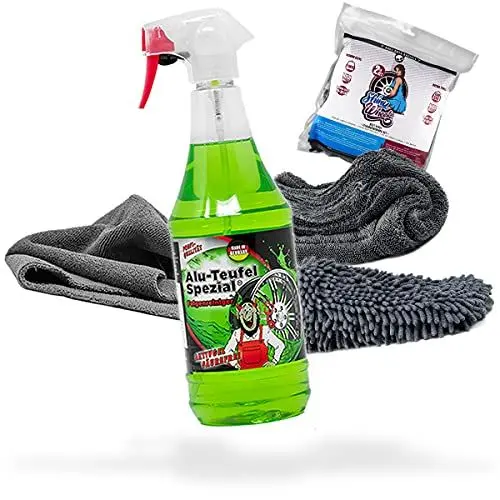 Produktbild: detailmate Felgen Reinigung Set: Tuga Chemie Alu-Teufel Spezial 1L Felgenreiniger + Nuke Guys Shiny Wheels Set mit Tuch und Waschhandschuh + Edgeless Mikrofasertuch 380GSM