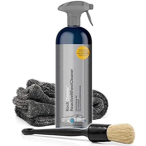 Produktbild: detailmate Felgenreinigung Set: Koch Chemie Reactive Wheel Cleaner Auto Felgenreiniger 750ml + Nuke Guys Gamma Dryer Mikrofaser Trockentuch 1400GSM 40x40cm + ValetPRO Large Sash Brush Reinigungspinsel