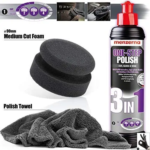 Produktbild: detailmate Handpolitur Auto Set - Menzerna Medium Cut Politur One-Step-Polish 3 in 1, 250ml + Made in Germany Polierschwamm + ultraflausch Mikrofaser Poliertuch 550GSM + 1 Schutzhandschuh
