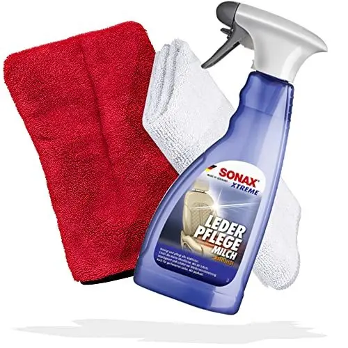 Produktbild: detailmate Innenraum Leder Reinigungs Bundle - SONAX Leder Pflege Milch, Innenraumreiniger für Autositze Premium Mikrofasertuch 320 GSM, 40x40 cm Waschhandschuh 1000 GSM