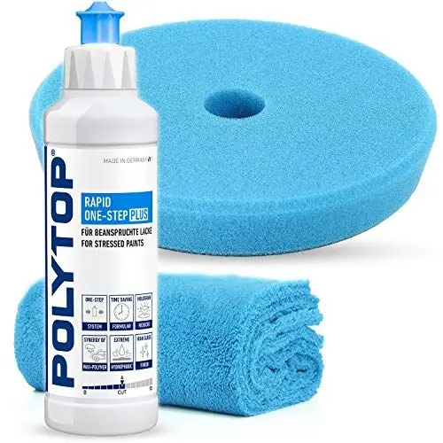 Produktbild: detailmate POLYTOP Premium Politur Set zur professionellen Autoaufbereitung, Exzenter Set: auch für Einsteiger geeignet (Rapid ONE Step Plus 250ml + PAD 140mm + POLIERTUCH)
