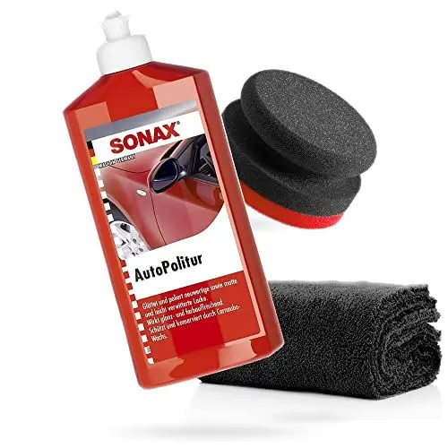 Produktbild: detailmate SONAX Handpolier Set - SONAX Autopolitur für Bunt- und Metalliclacke 500ml + Handpolierschwamm Puck im Verbundaufbau hart Ø90/50mm Edgeless Superflausch Mikrofaser Poliertuch