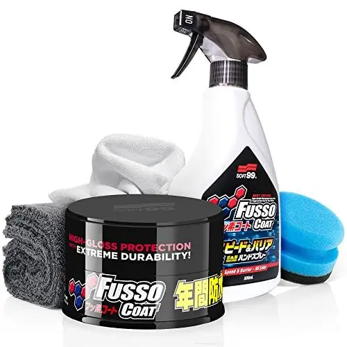 Produktbild: detailmate Soft99 Wachs- und Glanzverstärker Set: Soft 99 New Fusso Coat 12 Months Wax Dark, FussoCoat Speed & Barrier Quick Detailer, Applikator Schwamm, Poliertuch, kurzfloriges Mikrofasertuch