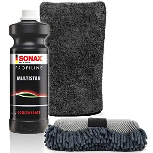 Produktbild: detailmate Universalreiniger Basic 2 Set: SONAX ProfiLine MultiStar 1L 2in1 Insektennetz Waschschwamm Präzisionshandschuh 1000GSM