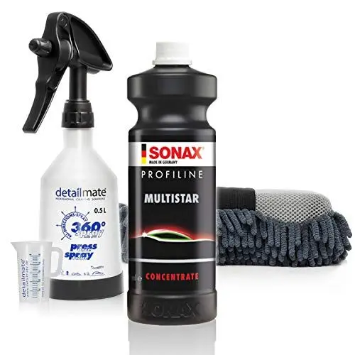 Produktbild: detailmate Universalreiniger Exterieurset: Sonax ProfiLine MultiStar 1L Messbecher 50ml skaliert Made by Kwazar 360 Grad Sprühflasche 0,5L + 2in1 Chenille Insektennetz Waschschwamm