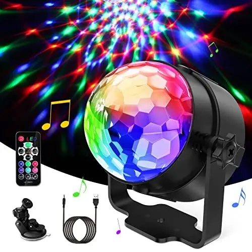 Produktbild: Discokugel, 360° Rotierende Disco Licht Musik Activated LED Party Lampe Discolicht mit Fernbedienung- 3W RGB Dynamisch Disco Lichteffekte, 4M/13ft USB Kabel für Party, Home,Weihnachten, Kinder