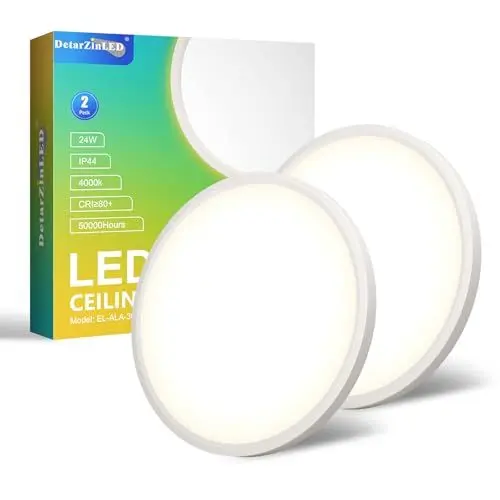 Produktbild: DetarZinLED Ø30cm LED Deckenleuchte Flach Rund (2Stück)- Deckenlampe 24W 4000K 2600LM IP44 Wasserdichte Badezimmer lampe, Küchenlampe Neutralweiß für Küche Bad Schlafzimmer Flur Keller