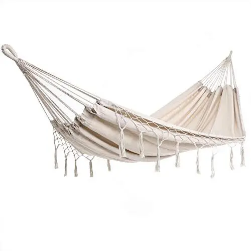 Produktbild: DETEX® Hängematte 2 Personen XXL 150cm breit bis 300kg Boho-Style strapazierfähig wetterfest Gartenhängematte Reisehängematte Campinghängematte Creme