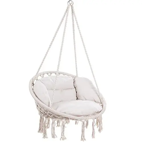 Produktbild: DETEX® Hängesessel bis 150kg Belastbar Boho Stil Wetterfest Garten 360° Drehbar Creme Hängestuhl Indoor & Outdoor inkl. bequemer Kissen