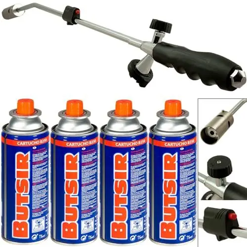 Produktbild: DEUBA® Unkrautbrenner inkl. 4 Butangaskartuschen Bajonettanschluss Piezo Zündung Unkrautvernichter Brenner Abflammgerät