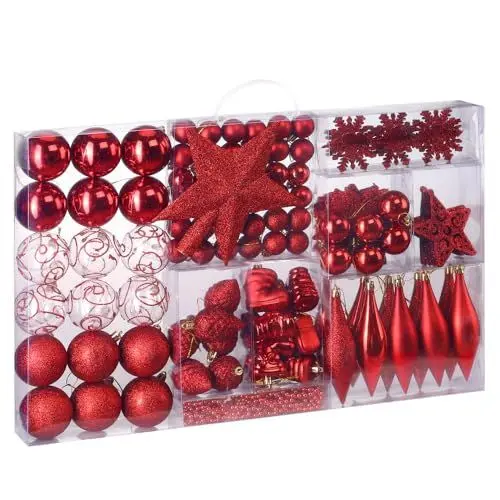 Produktbild: Deuba® Weihnachstkugeln 102tlg Ø 3-6cm Kunststoff matt glänzend Christbaumkugeln Christbaumschmuck Anhänger Weihnachtsbaumkugeln Weihnachtsdeko Rot