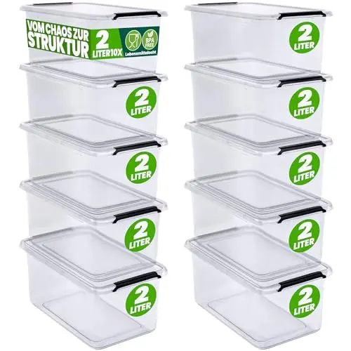 Produktbild: Deuba® 10x Aufbewahrungsbox mit Deckel 2L Box Kunststoff Kisten lebensmittelecht BPA frei klein Klickverschluss transparent stapelbar Küche Schlafzimmer