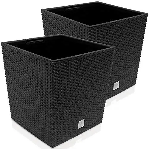 Produktbild: Deuba® 2X Blumentopf 65L 40x40x41cm Rato Low Innentopf Mit Griffen Wetterfest Rattanoptik Pflanzkasten Übertopf Pflanzkübel Blumenkasten Quadratisch Anthrazit