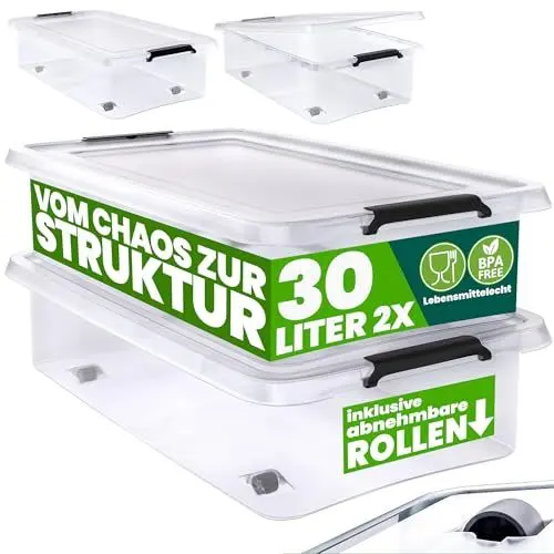 Produktbild: Deuba® Aufbewahrungsboxen 2 x 30l mit Deckel und Rollen, stapelbar, transparent Kunststoff BPA-frei Klickverschluss, RB60 für Büro, Garage, Waschraum
