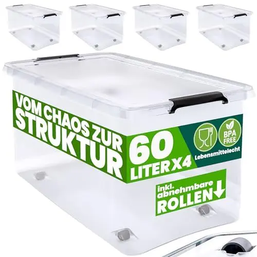 Produktbild: Deuba® Aufbewahrungsboxen 4 x 60l mit Deckel und Rollen, stapelbar, transparent Kunststoff BPA-frei Klickverschluss, RB60 für Büro, Garage, Waschraum