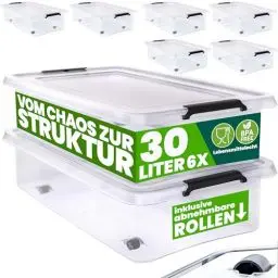 Produktbild: Deuba® Aufbewahrungsboxen 6 x 30l mit Deckel und Rollen, stapelbar, transparent Kunststoff BPA-frei Klickverschluss, RB60 für Büro, Garage, Waschraum