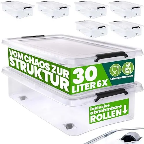 Produktbild: Deuba® Aufbewahrungsboxen 6 x 30l mit Deckel und Rollen, stapelbar, transparent Kunststoff BPA-frei Klickverschluss, RB60 für Büro, Garage, Waschraum