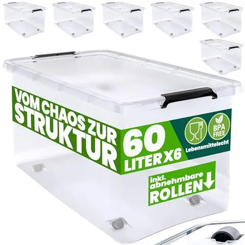Produktbild: Deuba® Aufbewahrungsboxen 6 x 60l mit Deckel und Rollen, stapelbar, transparent Kunststoff BPA-frei Klickverschluss, RB60 für Büro, Garage, Waschraum