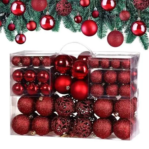 Produktbild: Deuba CASARIA® Weihnachtskugeln 100tlg Ø 3-6cm Kunststoff matt glänzend Christbaumkugeln Christbaumschmuck Anhänger Weihnachtsbaumkugeln Weihnachtsdeko Rot