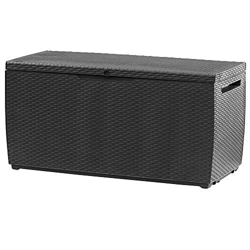 Produktbild: Deuba® Gartenbox 310L UV-beständig Haltegriffe Rollen Verschlussvorrichtung Balkon Wohnzimmer Wintergarten Kissenbox 123x53cm Rattan-Optik Anthrazit