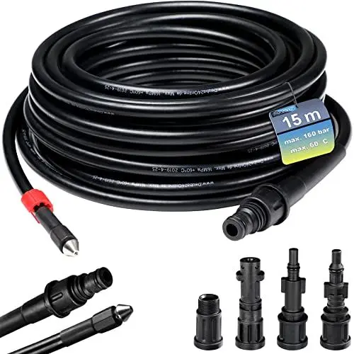 Produktbild: DEUBA® Rohrreinigungsschlauch 15m 160 Bar 4 Hochdruckreiniger Adapter mit Kärcher kompatibel Rohrreinigungsset Abflussreiniger Rohrreiniger Schlauch