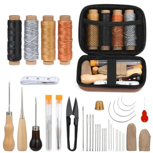 Produktbild: Deudy 39 Stücke Leder Nähen Set, Leder-Nähset, Lederhandwerk Werkzeug Set mit Wachsfaden Leder Nähen Nadeln Ahle Schere für Lederpolster Reparatur DIY Lederhandwerk