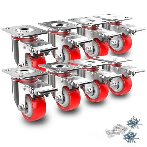 Produktbild: Deutnart Schwerlastrollen 50mm Möbelrollen mit Bremsen, (8 Stk bis 600kg) Lenkrollen Set Leise Schwenkrollen Polyurethan Transportrollen ohne Spuren Industrietransport und Logistik