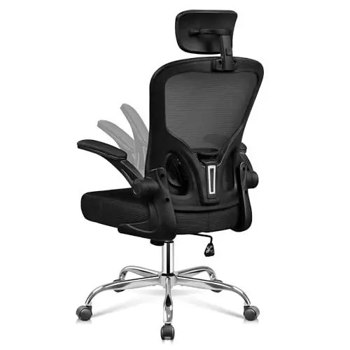 Produktbild: DEVAISE Bürostuhl Ergonomisch: Schreibtischstuhl mit Verstellbarer Lendenstütze Kopfstütze | klappbaren Armlehnen | höhenverstellbar | gepolsterter Sitz | 136 kg Tragkraft | für HomeOffice | Schwarz