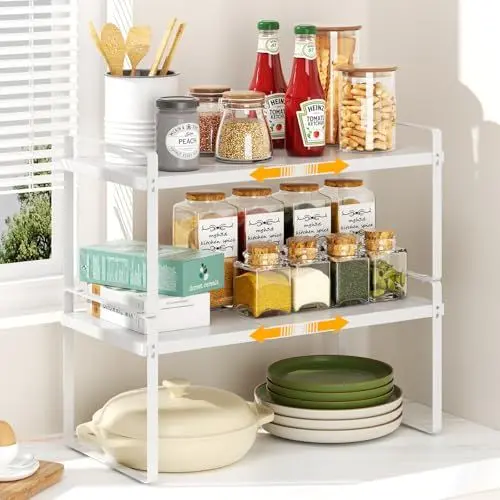 Produktbild: devesanter Erweiterbares Küchenregal Organizer,2 Stück Stapelbar Küchenregal Arbeitsplatte Organizer, Gewürzhalter,Regaleinsatz für küchenschrank für Küche,Bad,Tischplatte,Sideboard（Weiß）