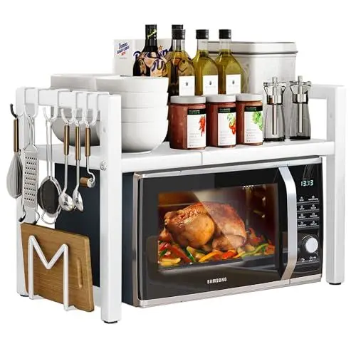 Produktbild: devesanter Erweiterbares Mikrowellen Regal 2-Stufiges Mikrowellengestell Organizer mit 5 Haken,Küchenregal Gewürzregal Arbeitsplatte Bäckerregale für von 40-64cm Weiß