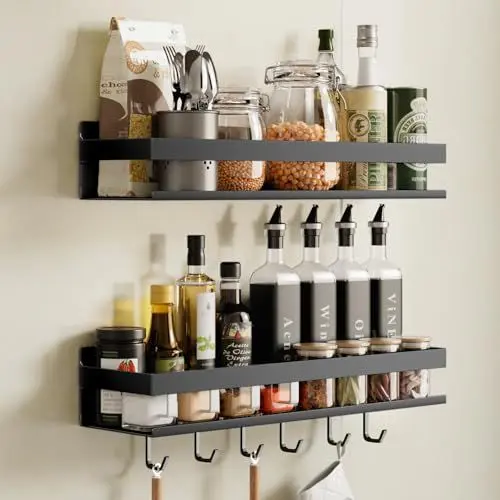 Produktbild: devesanter Gewürzregal Wand 2er Set Ohne Bohren Küchenregal mit 6 Haken, Hakenleiste Hängend Gewürzregal Schranktür Duschablage für Küche Badezimmer Balkon （Schwarz,40 cm）