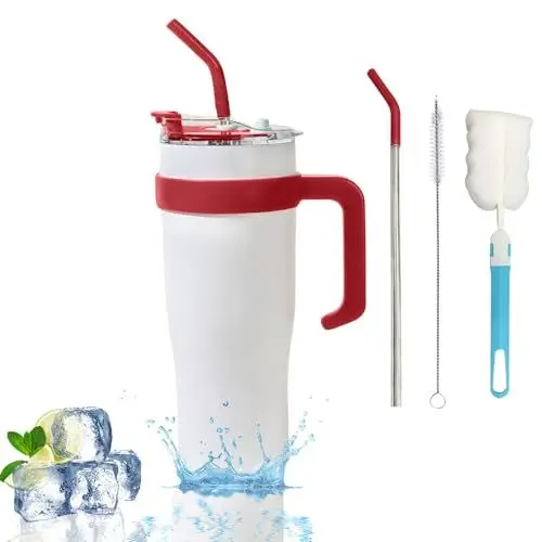 Produktbild: devesanter Thermobecher,40 Unzen 1200ml Thermo Trinkbecher To Go,Kaffeebecher für unterwegs,Doppelwandiger Edelstahl Vakuum Isolierbecher für Kalte Heiße Getränke mit henkel strohhalm（Weiß）