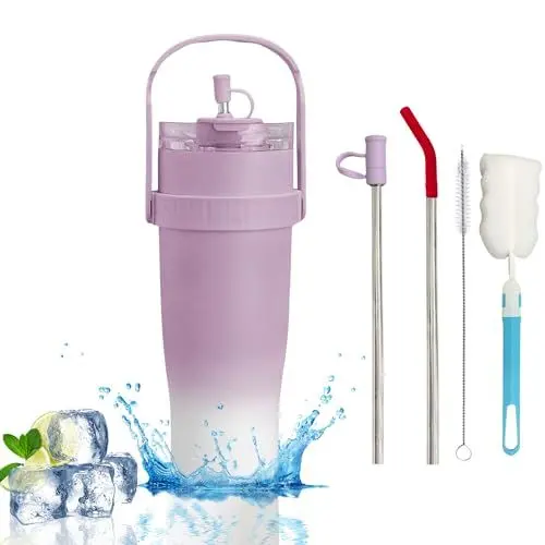 Produktbild: devesanter Thermobecher, 40 Unzen 1200ml Thermo Trinkbecher To Go,mit oberem Griff Kaffeebecher für unterwegs,Doppelwandiger Edelstahl Vakuum Isolierbecher für Kalte Heiße Getränke（Lila）