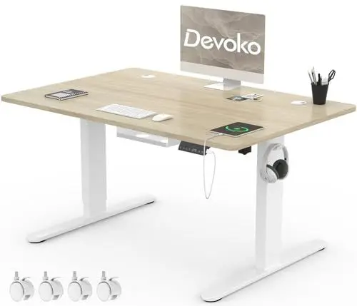 Produktbild: Devoko Höhenverstellbarer Schreibtisch 120x80cm mit Typ-C Ladeanschluss, Schreibtisch Höhenverstellbar Elektrisch, Mobiler Elektrisch Computertisch mit Kabel Management Tray, Eiche