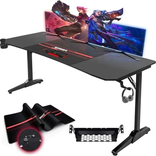 Produktbild: Devoko Gaming Tisch 180, Ergonomischer Gamer-Computertisch (T-Form) mit Getränkehalter & Kopfhörerhalter, Schreibtisch 180 Schwarz