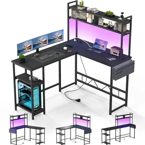 Produktbild: Devoko Gaming Tisch mit LED, Eckschreibtisch Gaming Schreibtisch mit 2 Steckdosen und 2 USB-Anschlüssen, Computertisch mit Aufbewahrung, Rahmen aus Stahl, 140 x 120 cm,Schwarz